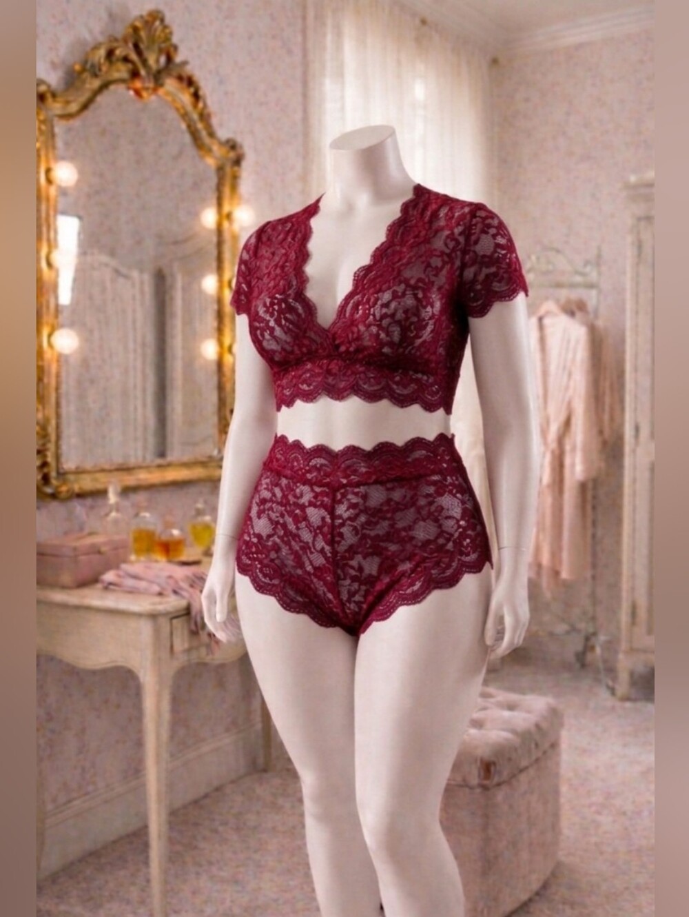 Avidlove Floral Lace Scallop Trim Lingerie Set – Size 14W BURGUNDY